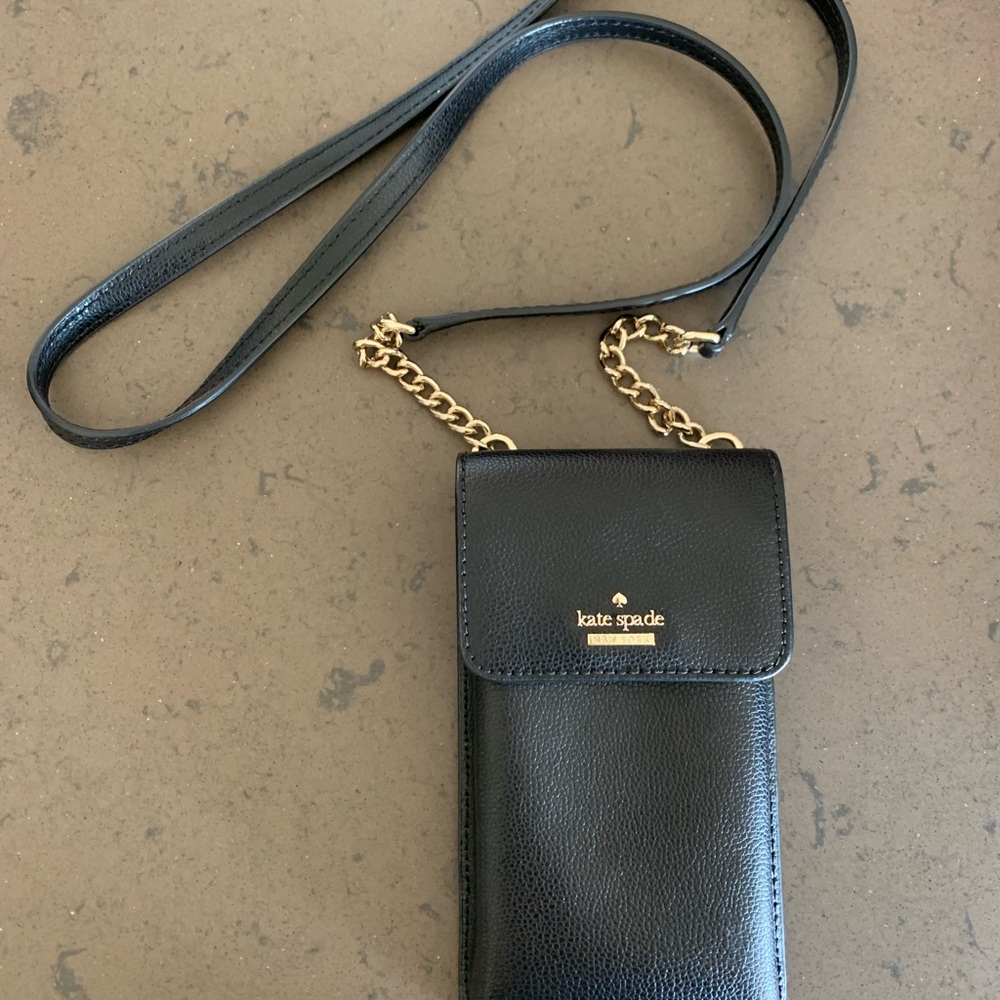 Kate Spade Black Leather Phone Crossbody with Gold Chain
